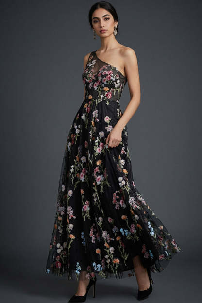 Leely Women Black Floral Maxi One Shoulder Wedding Guest Dress A Line Embroidered Formal Dress