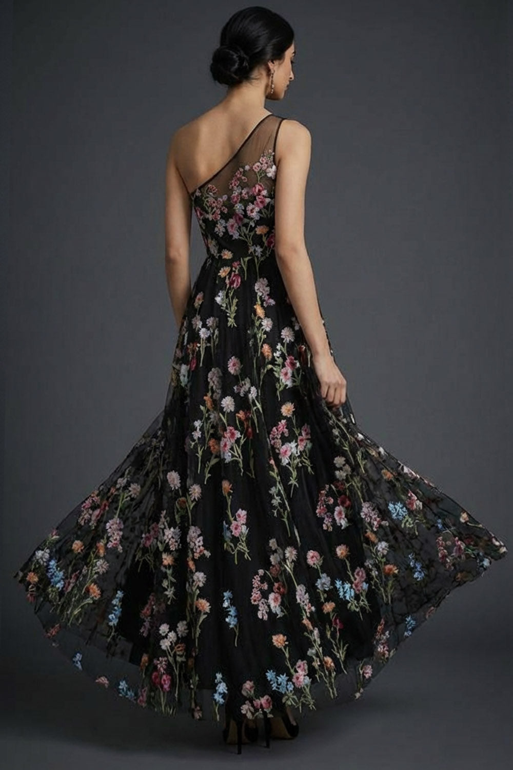 Black Floral One Shoulder A Line Maxi Wedding Guest Dress