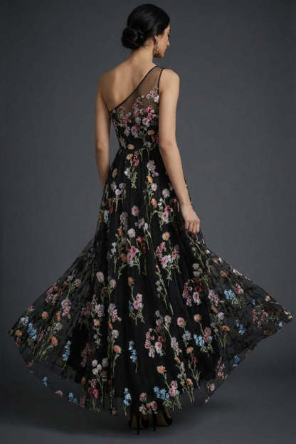 Black Floral One Shoulder A Line Maxi Wedding Guest Dress