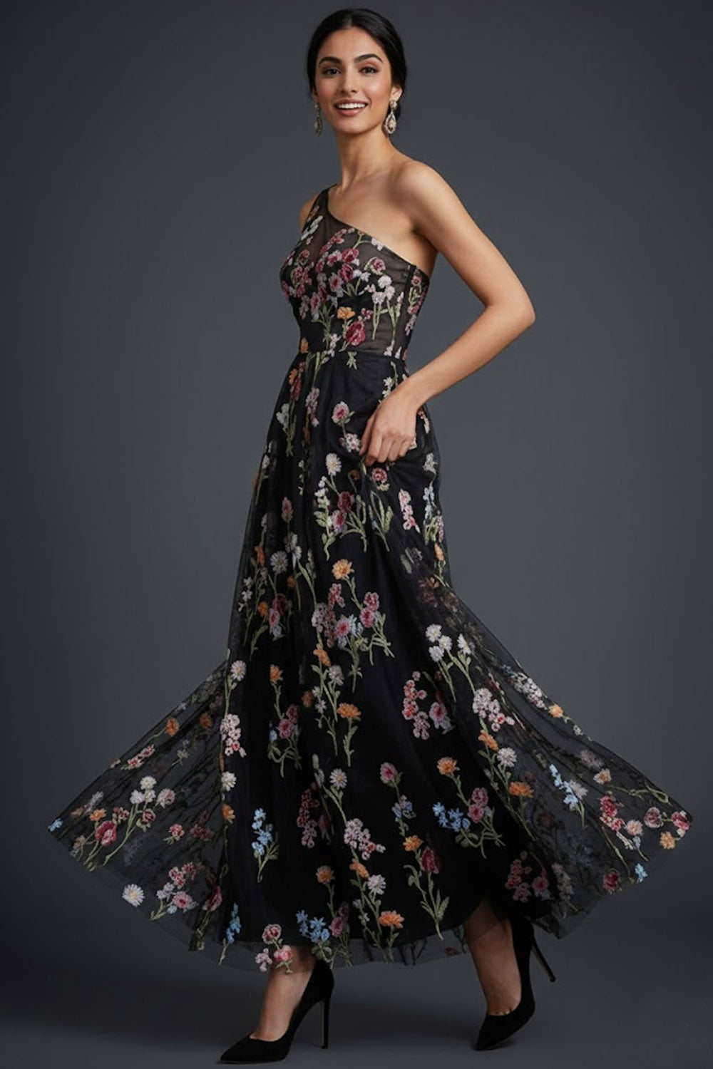 Black Floral One Shoulder A Line Maxi Wedding Guest Dress