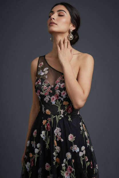 Black Floral One Shoulder A Line Maxi Wedding Guest Dress