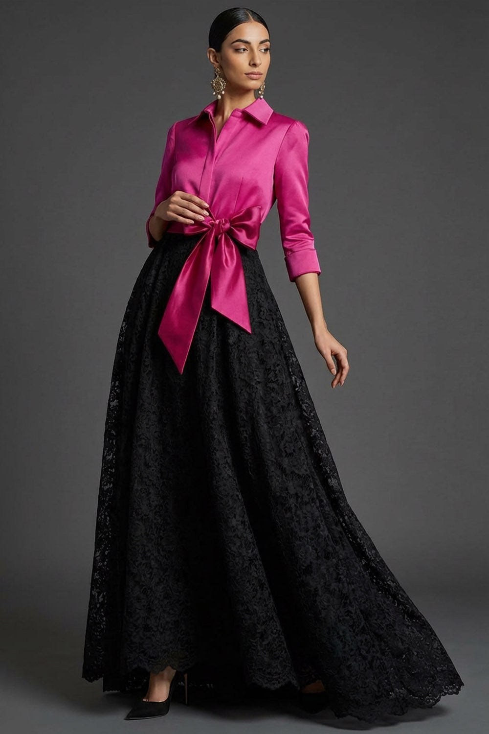 Fuchsia Collar Neck A Line Lace Long Formal Dress with Bow