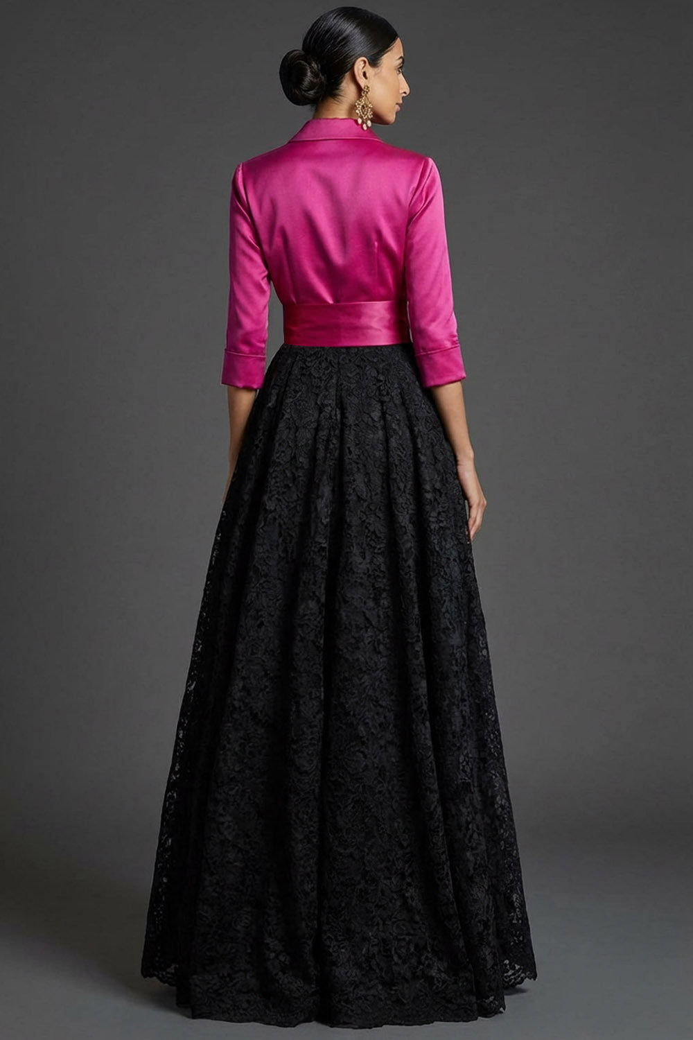Fuchsia Collar Neck A Line Lace Long Formal Dress with Bow