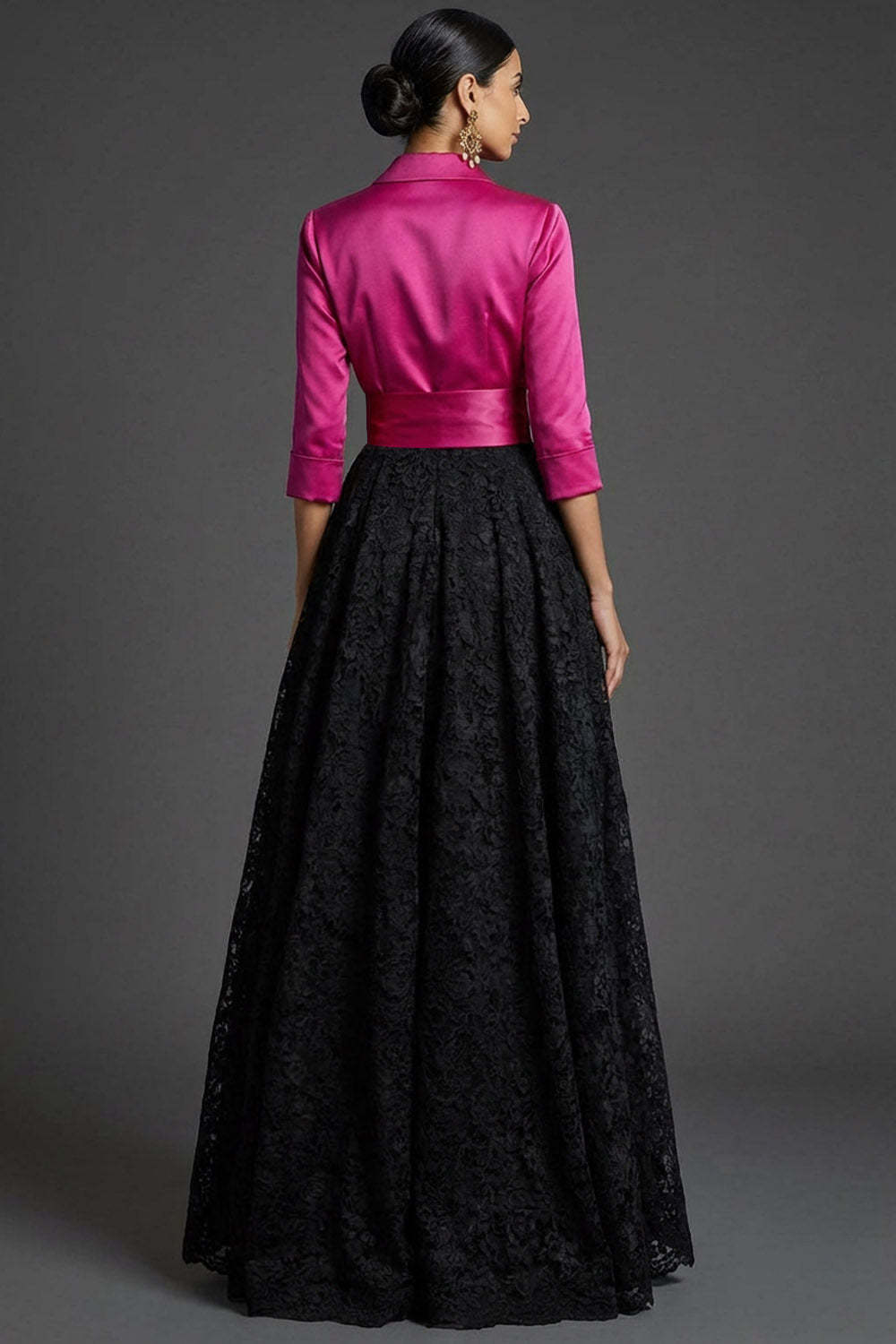 Fuchsia Collar Neck A Line Lace Long Formal Dress with Bow