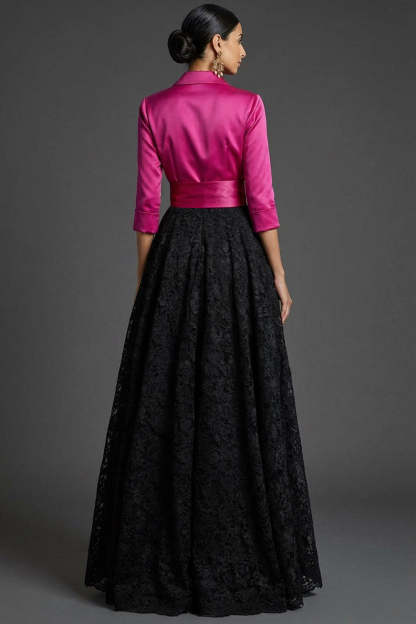 Fuchsia Collar Neck A Line Lace Long Formal Dress with Bow