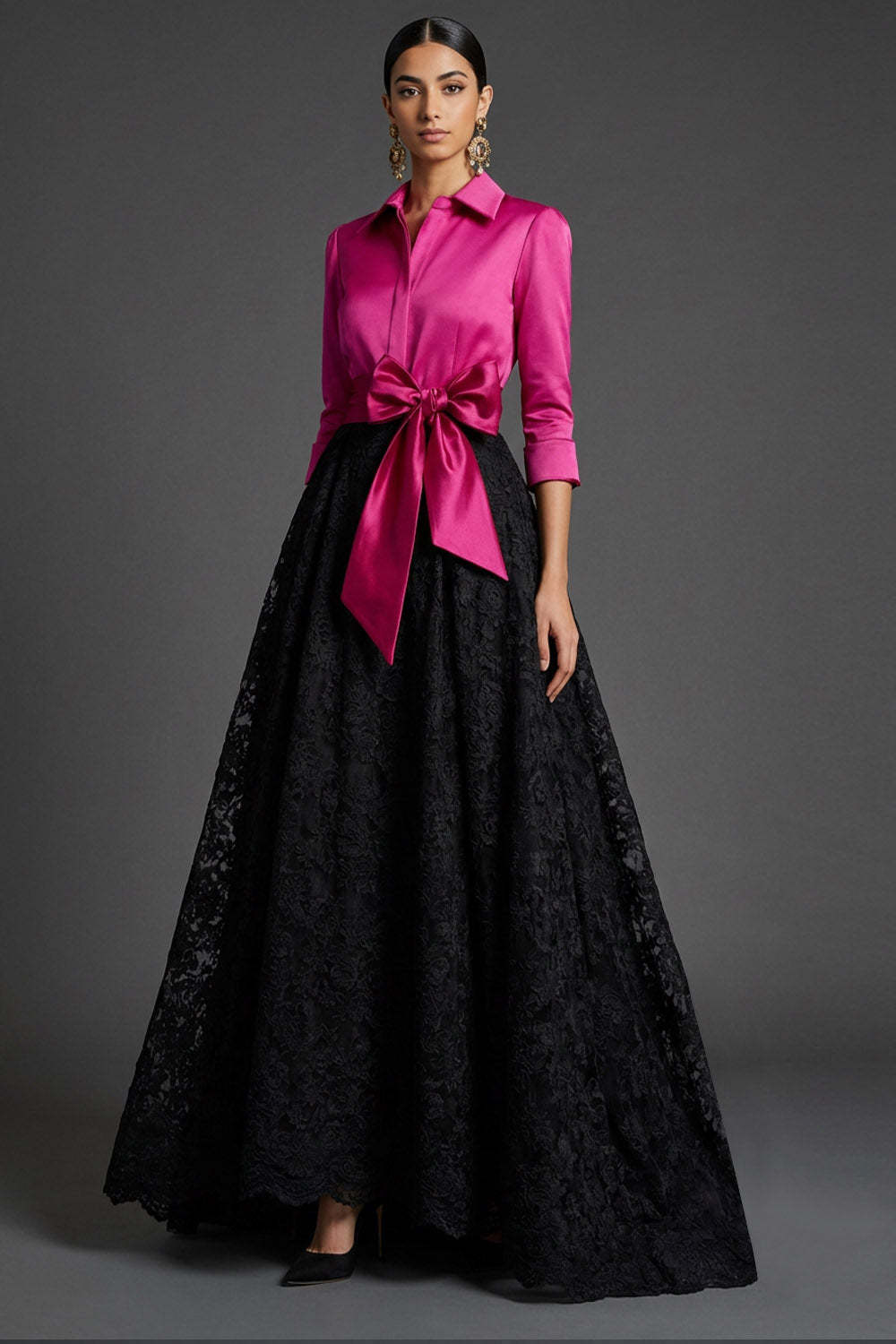 Leely Women Elegant Fuchsia A Line Long Formal Dress with Sleeves Collar Neck Lace Evening Dress with Bow