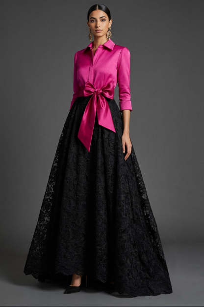 Leely Women Elegant Fuchsia A Line Long Formal Dress with Sleeves Collar Neck Lace Evening Dress with Bow