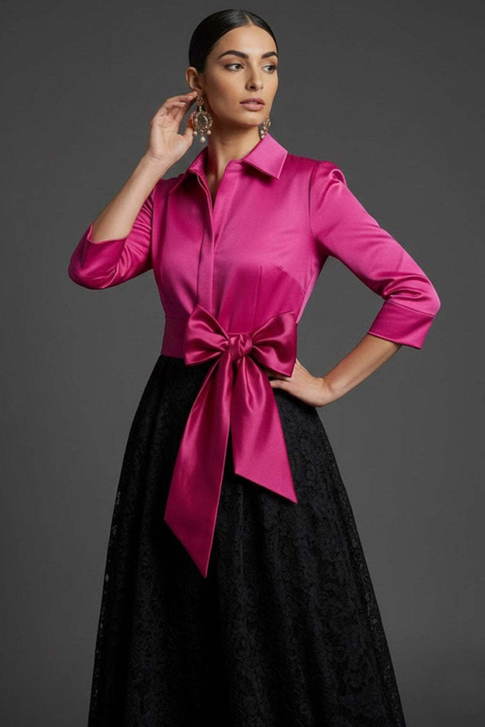 Fuchsia Collar Neck A Line Lace Long Formal Dress with Bow