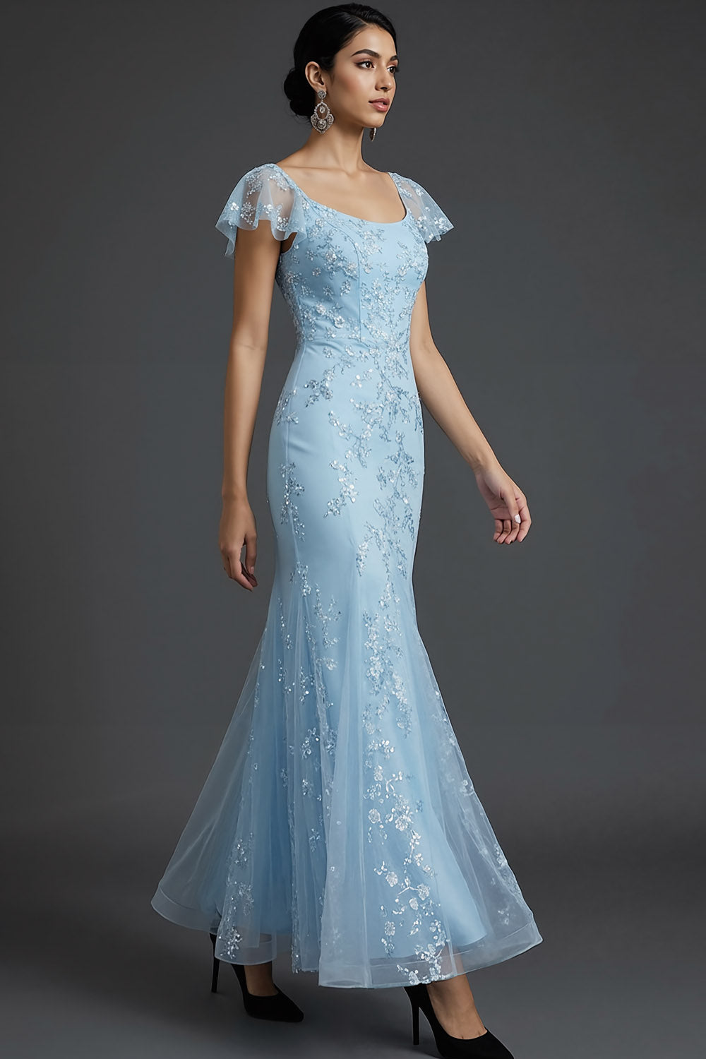 Sparkly Blue Floral Beaded Square Neck Mermaid Long Wedding Guest Dress with Ruffles