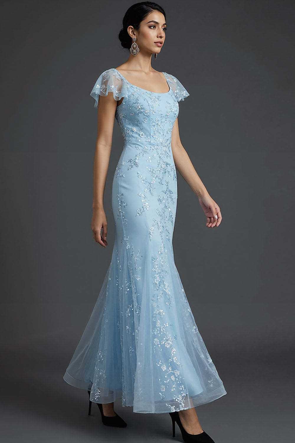 Sparkly Blue Floral Beaded Square Neck Mermaid Long Wedding Guest Dress with Ruffles