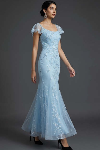 Sparkly Blue Floral Beaded Square Neck Mermaid Long Wedding Guest Dress with Ruffles