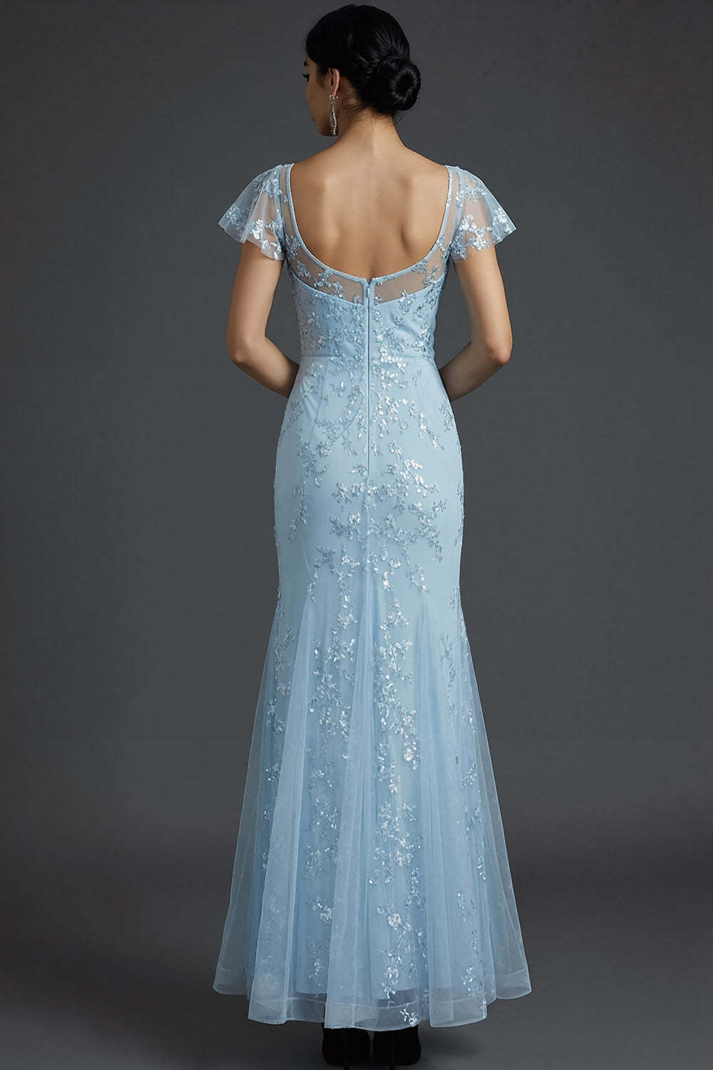 Sparkly Blue Floral Beaded Square Neck Mermaid Long Wedding Guest Dress with Ruffles