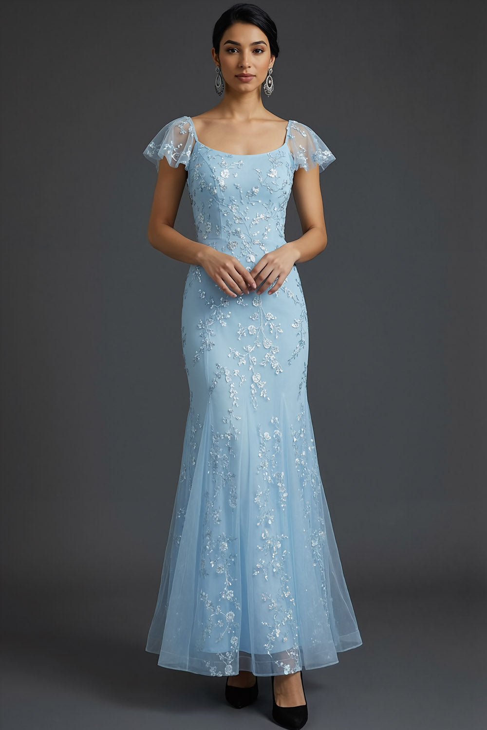 Sparkly Blue Floral Beaded Square Neck Mermaid Long Wedding Guest Dress with Ruffles