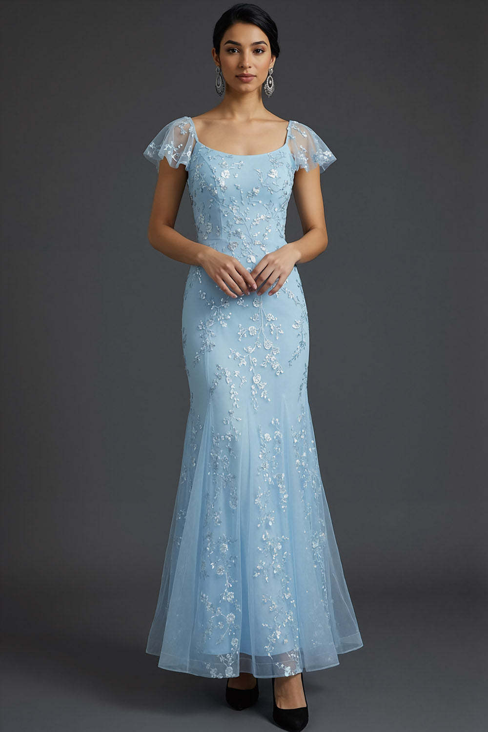 Leely Women Blue Floral Long Beaded Wedding Guest Dress with Ruffles Square Neck Mermaid Formal Dress