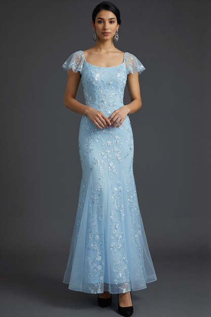 Leely Women Blue Floral Long Beaded Wedding Guest Dress with Ruffles Square Neck Mermaid Formal Dress