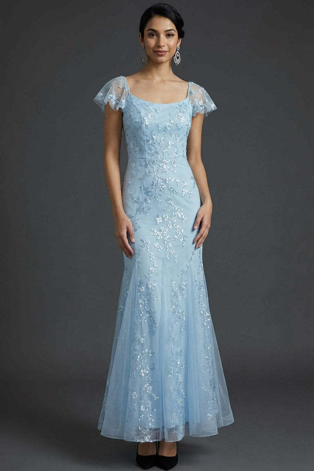 Sparkly Blue Floral Beaded Square Neck Mermaid Long Wedding Guest Dress with Ruffles