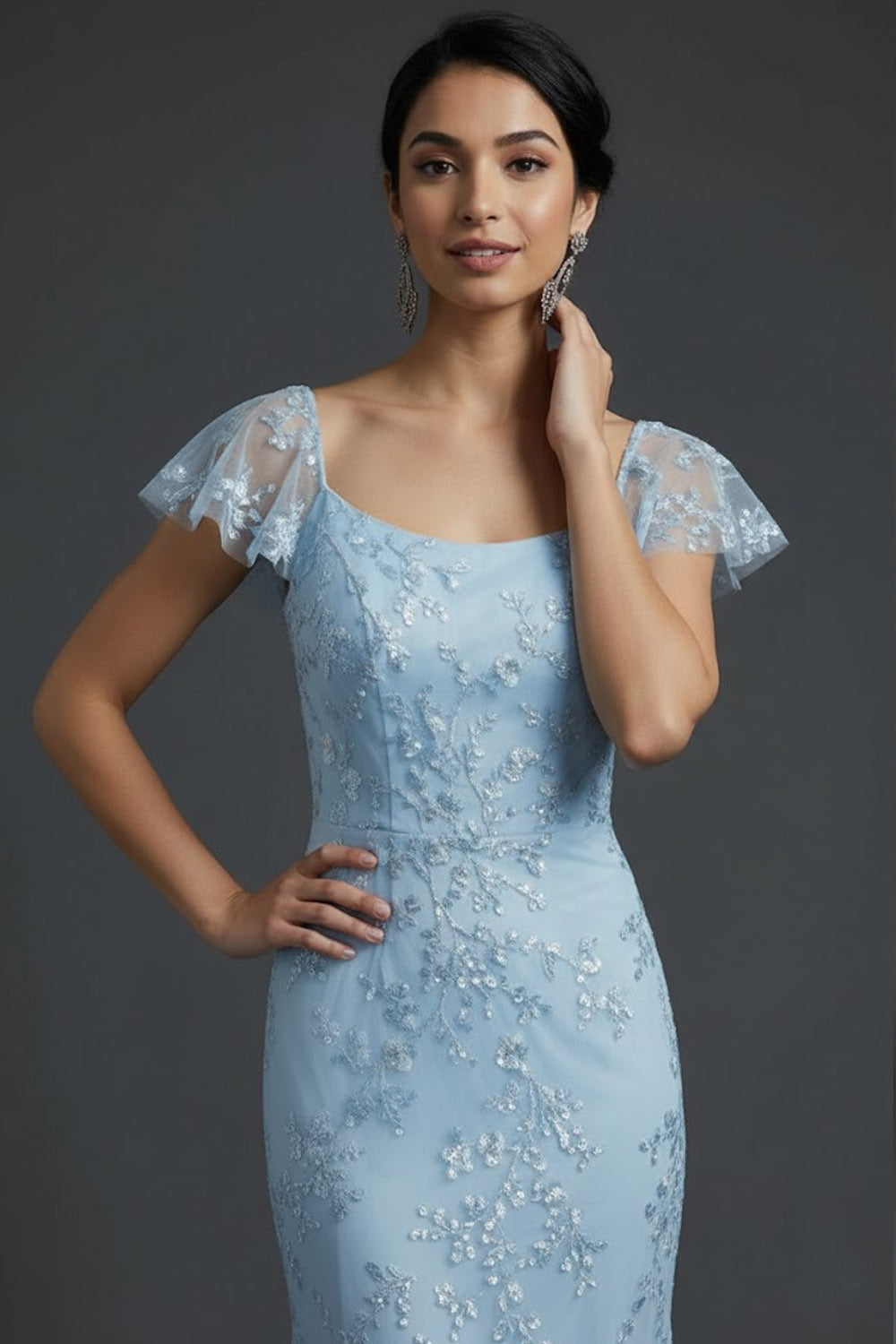 Sparkly Blue Floral Beaded Square Neck Mermaid Long Wedding Guest Dress with Ruffles