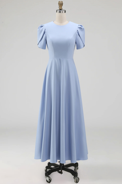Blue A Line Long Elegant Mother of the Bride Dress with Sleeves