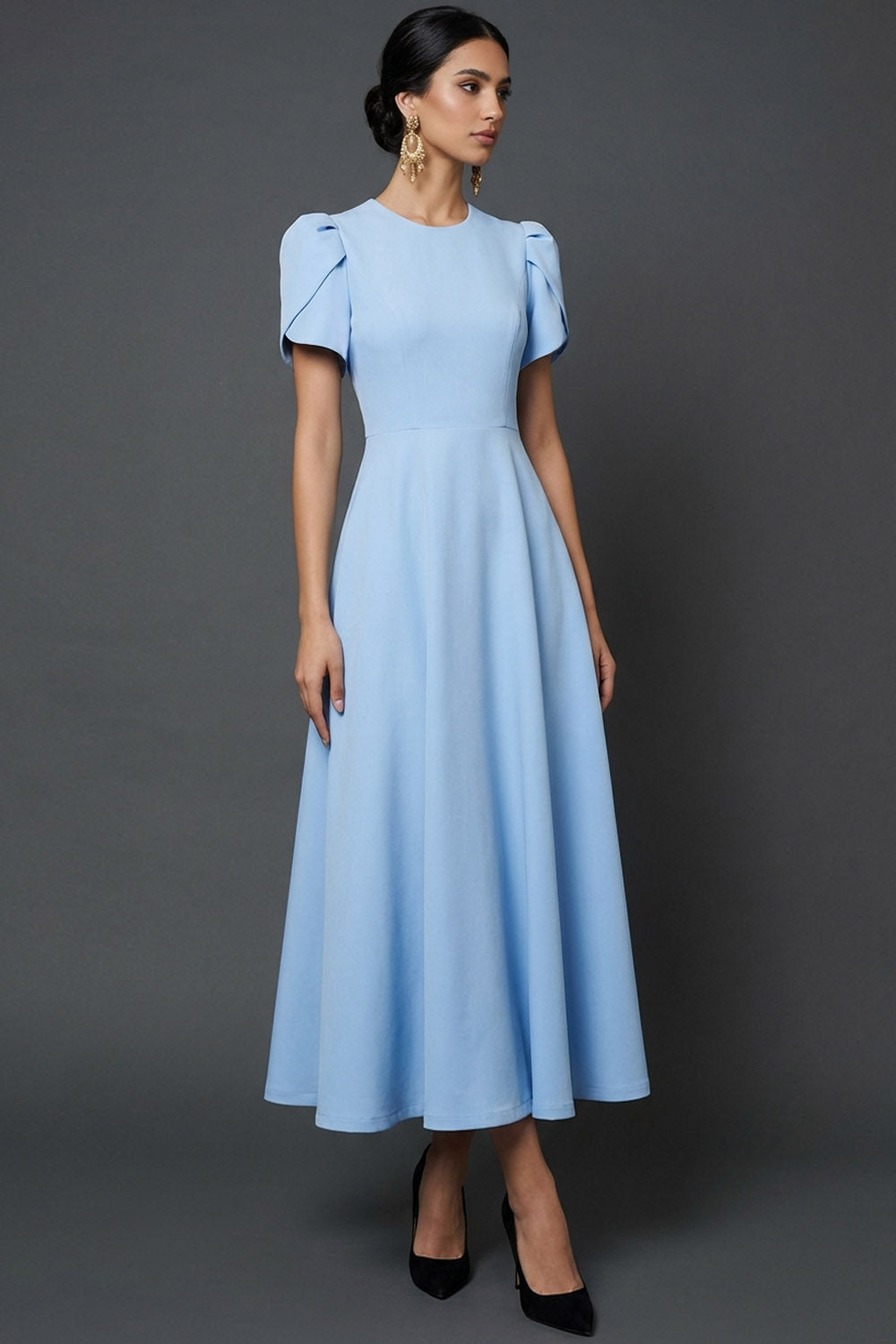 Leely Women Long Blue A Line Mother of the Bride Dress with Sleeves Jewel Neck Mother of the Groom Dress with Slit