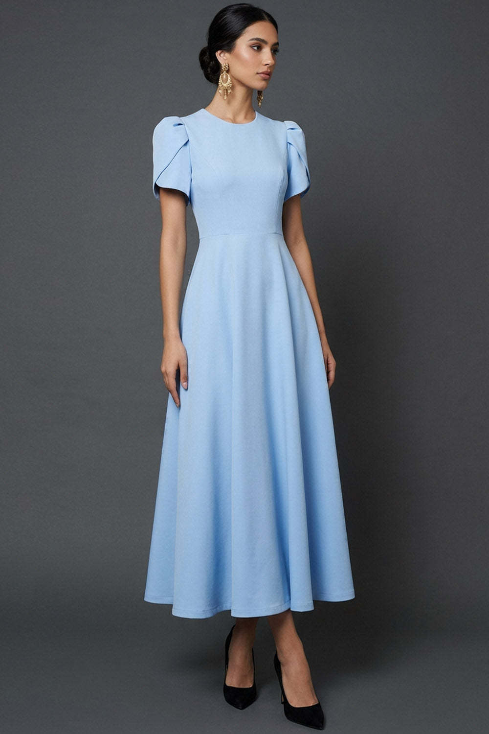 Leely Women Long Blue A Line Mother of the Bride Dress with Sleeves Jewel Neck Mother of the Groom Dress with Slit