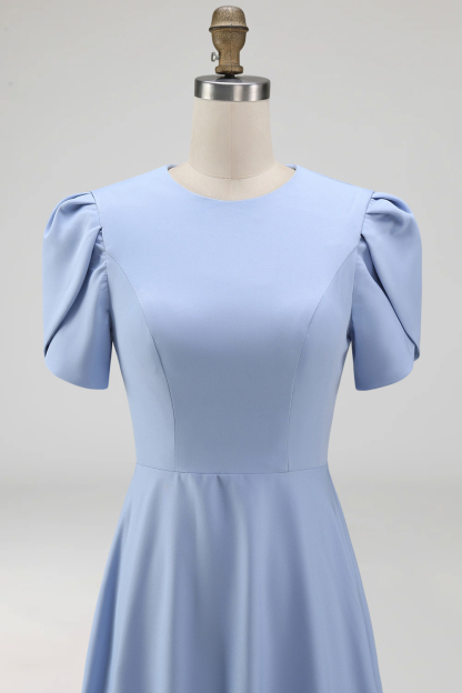 Blue A Line Long Elegant Mother of the Bride Dress with Sleeves