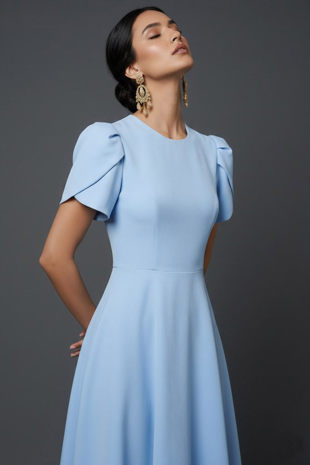 Blue A Line Long Elegant Mother of the Bride Dress with Sleeves