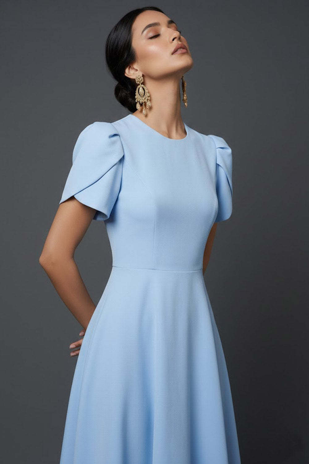 Blue A Line Long Elegant Mother of the Bride Dress with Sleeves