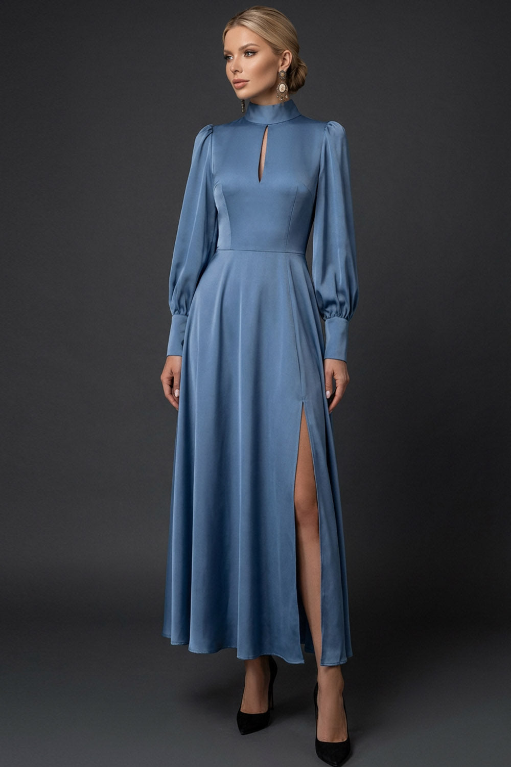 Leely Women Long Blue A Line Mother of the Bride Dress with Sleeves Satin High Neck Keyhole Mother of the Groom Dress with Slit