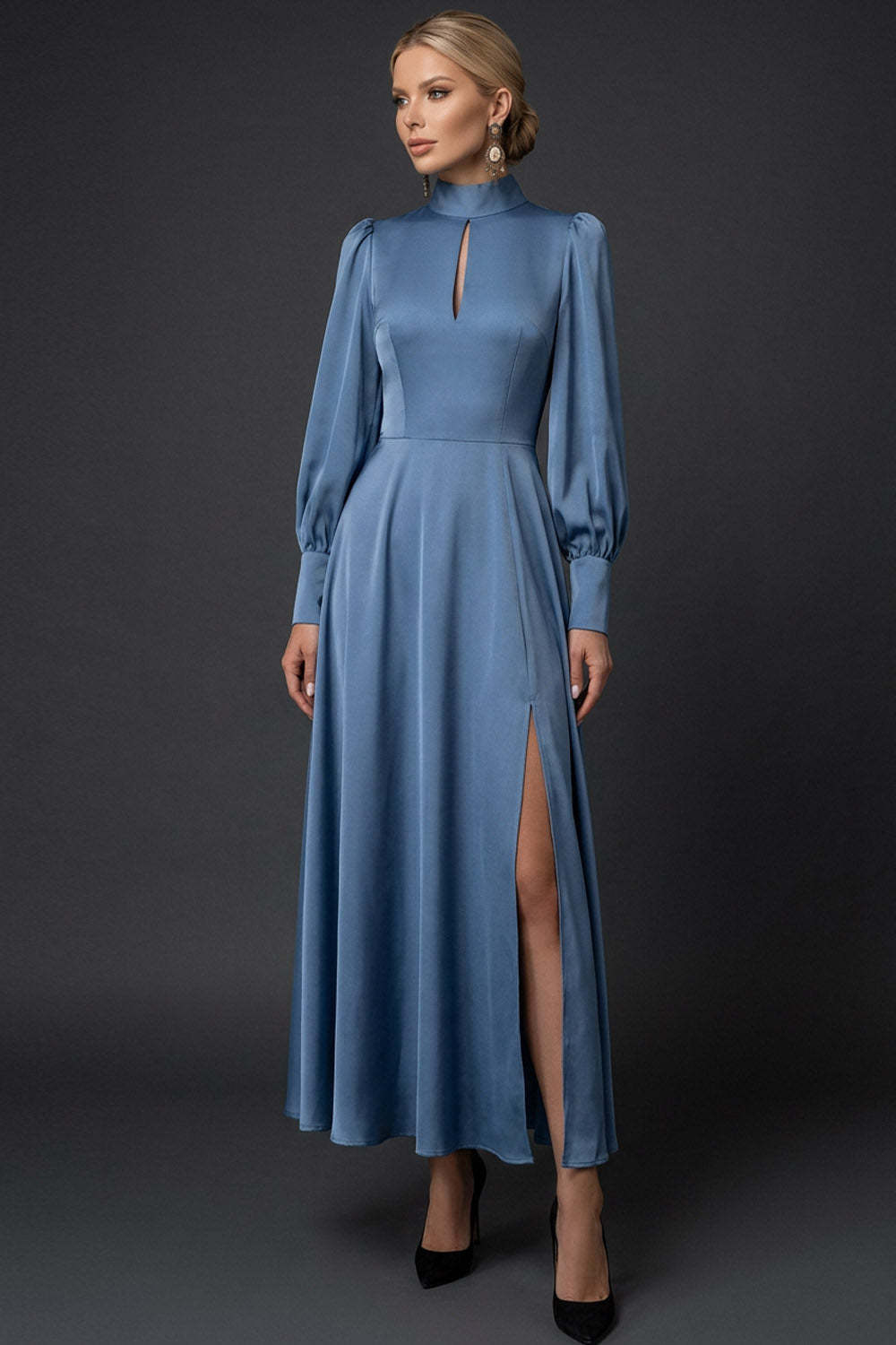 Leely Women Long Blue A Line Mother of the Bride Dress with Sleeves Satin High Neck Keyhole Mother of the Groom Dress with Slit