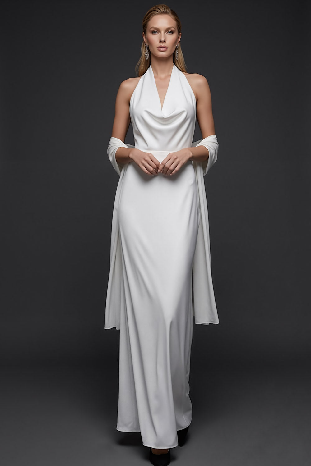 White Mermaid Satin Halter Long White Reception Dress