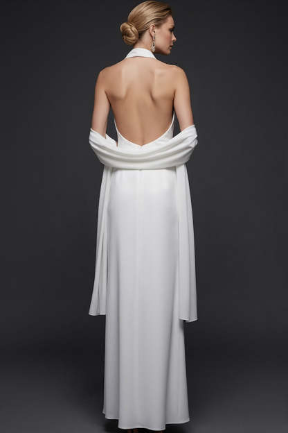 White Mermaid Satin Halter Long White Reception Dress