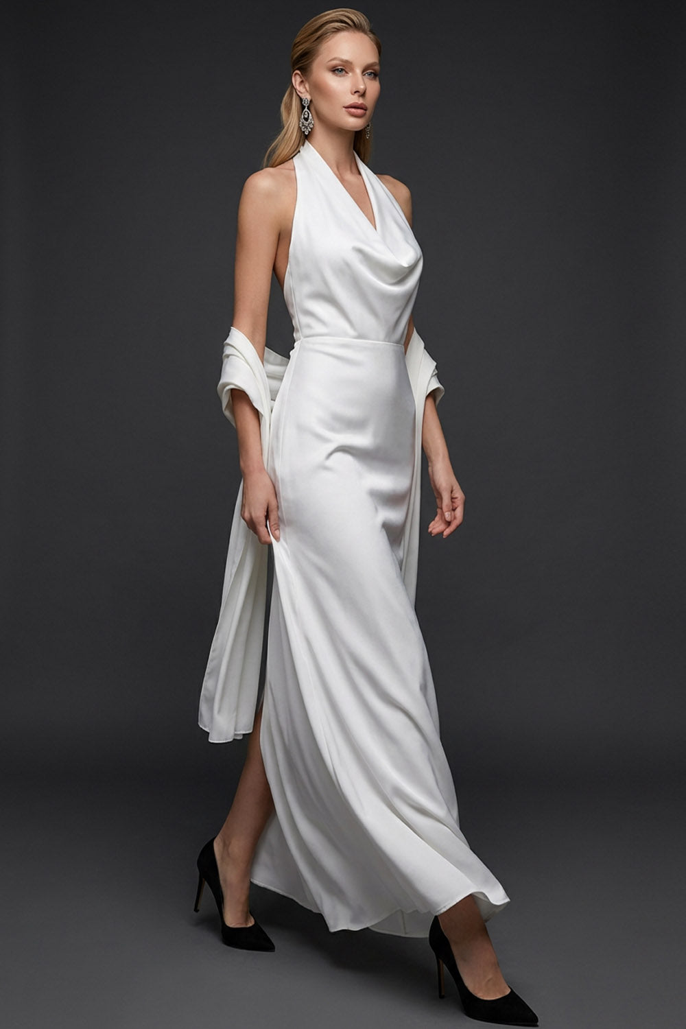 White Mermaid Satin Halter Long White Reception Dress
