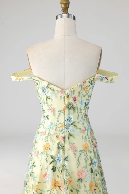 Mauve Floral A Line Embroidered Off the Shoulder Long Wedding Guest Dress