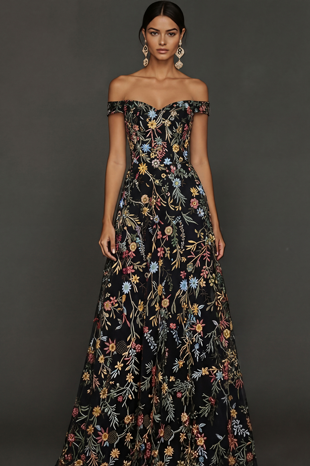 Mauve Floral A Line Embroidered Off the Shoulder Long Wedding Guest Dress