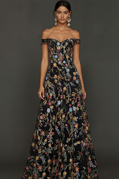 Mauve Floral A Line Embroidered Off the Shoulder Long Wedding Guest Dress