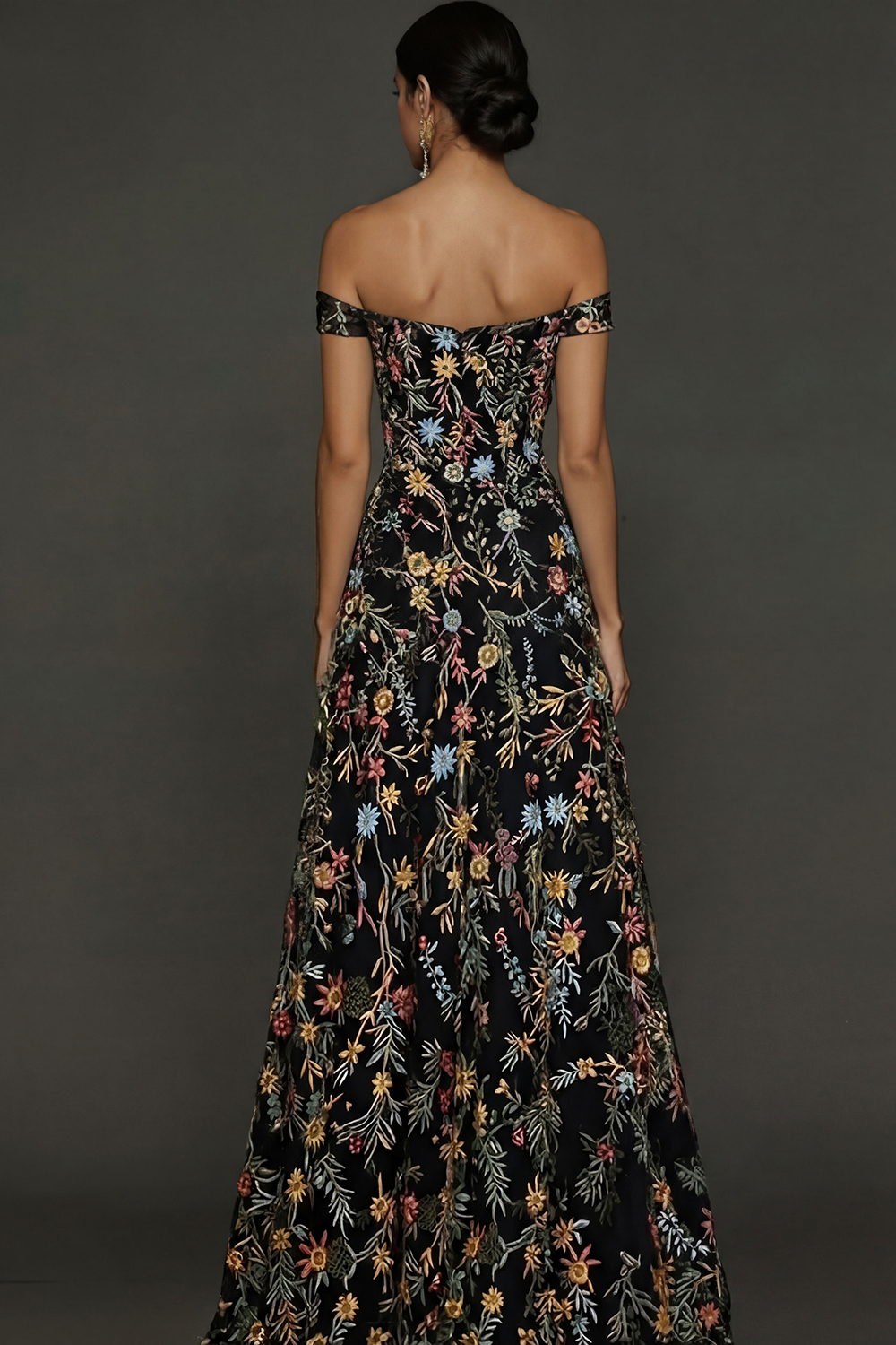 Mauve Floral A Line Embroidered Off the Shoulder Long Wedding Guest Dress