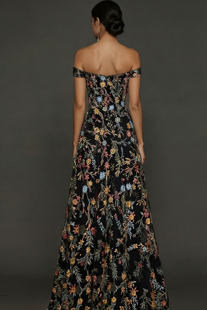 Mauve Floral A Line Embroidered Off the Shoulder Long Wedding Guest Dress