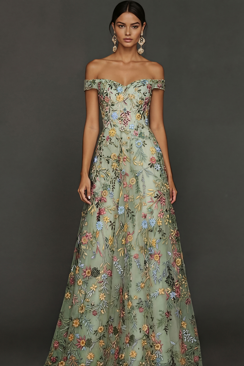 Mauve Floral A Line Embroidered Off the Shoulder Long Wedding Guest Dress