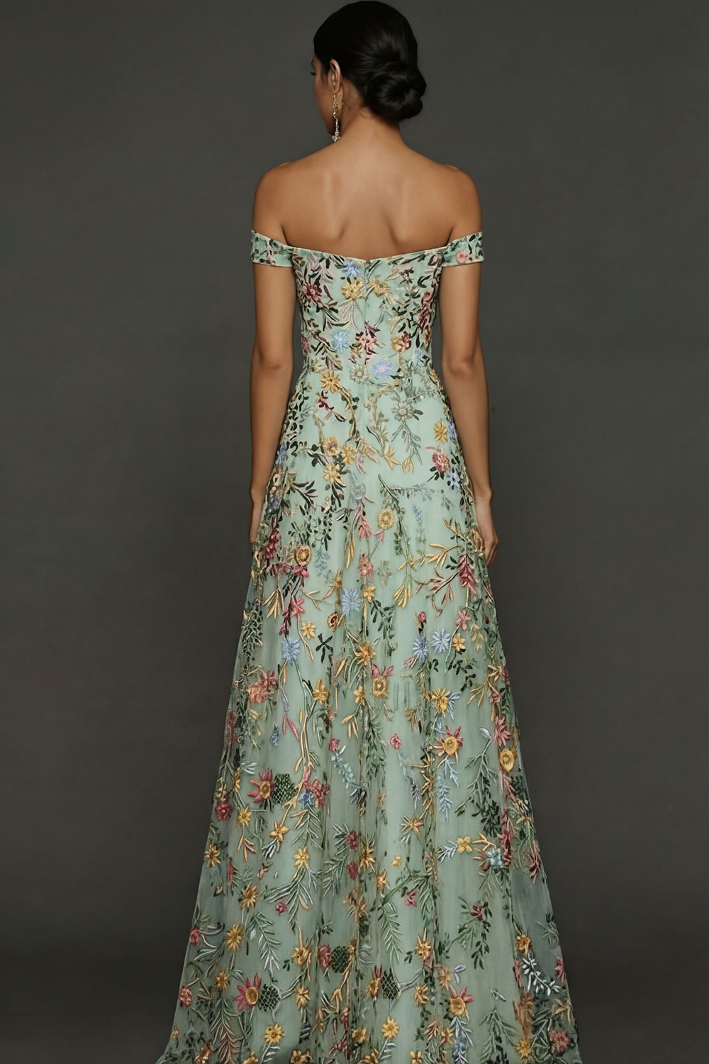 Mauve Floral A Line Embroidered Off the Shoulder Long Wedding Guest Dress