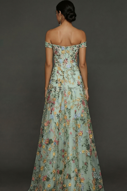 Mauve Floral A Line Embroidered Off the Shoulder Long Wedding Guest Dress