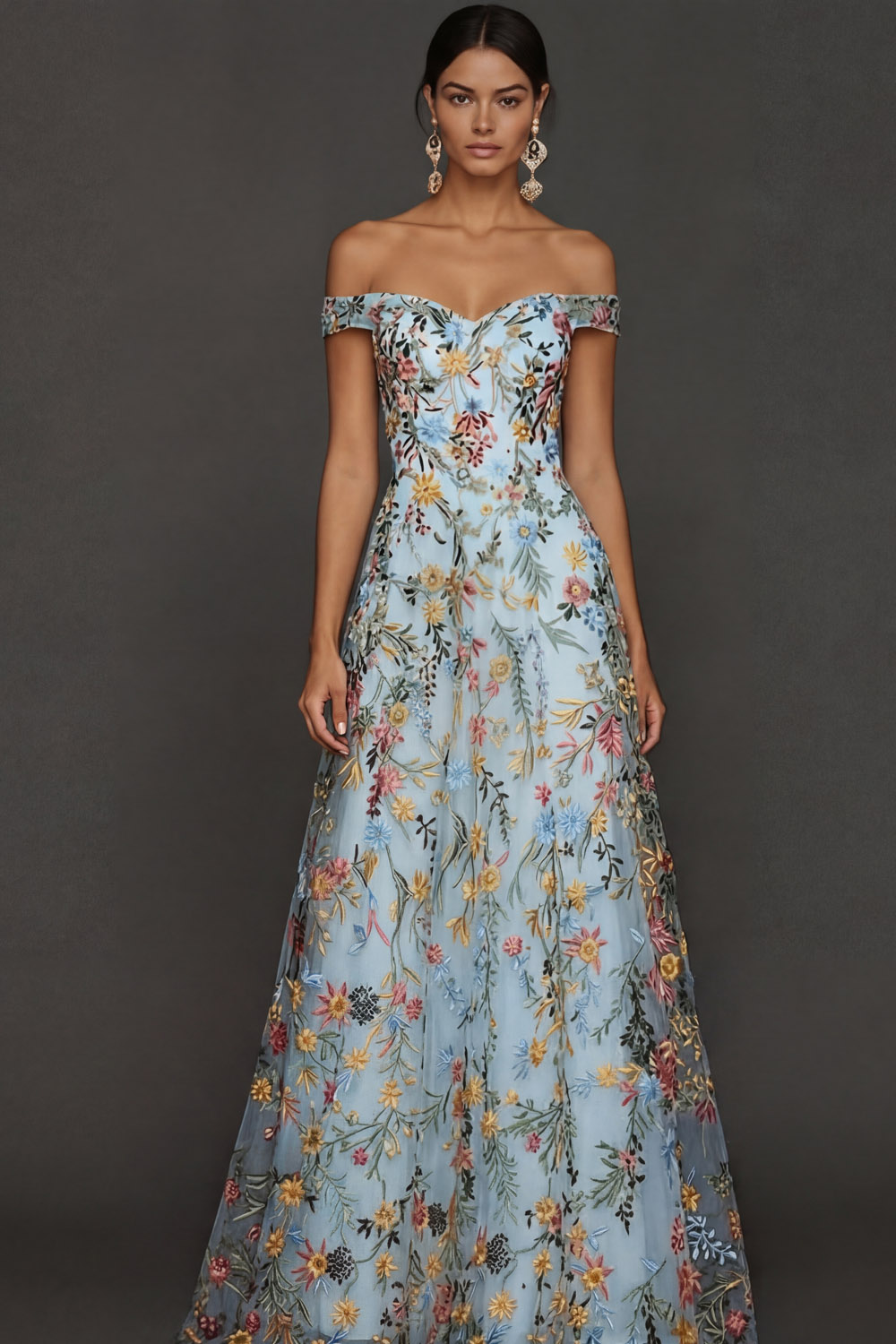 Mauve Floral A Line Embroidered Off the Shoulder Long Wedding Guest Dress