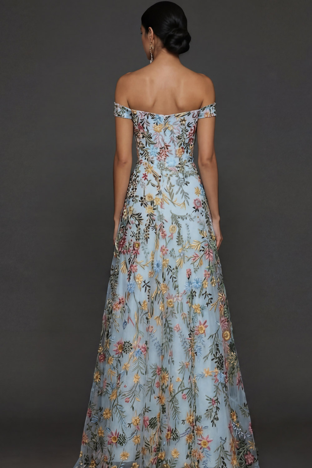 Mauve Floral A Line Embroidered Off the Shoulder Long Wedding Guest Dress