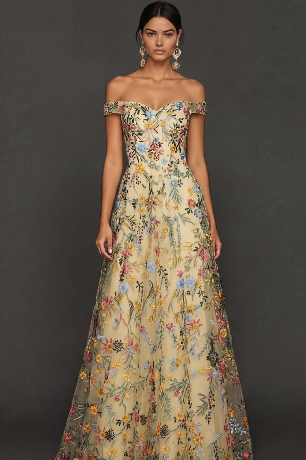 Mauve Floral A Line Embroidered Off the Shoulder Long Wedding Guest Dress