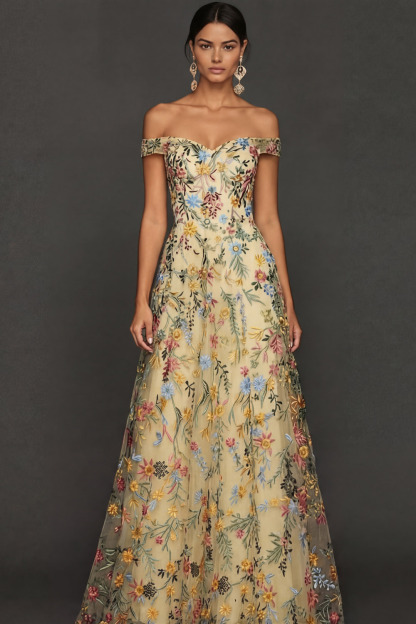 Mauve Floral A Line Embroidered Off the Shoulder Long Wedding Guest Dress