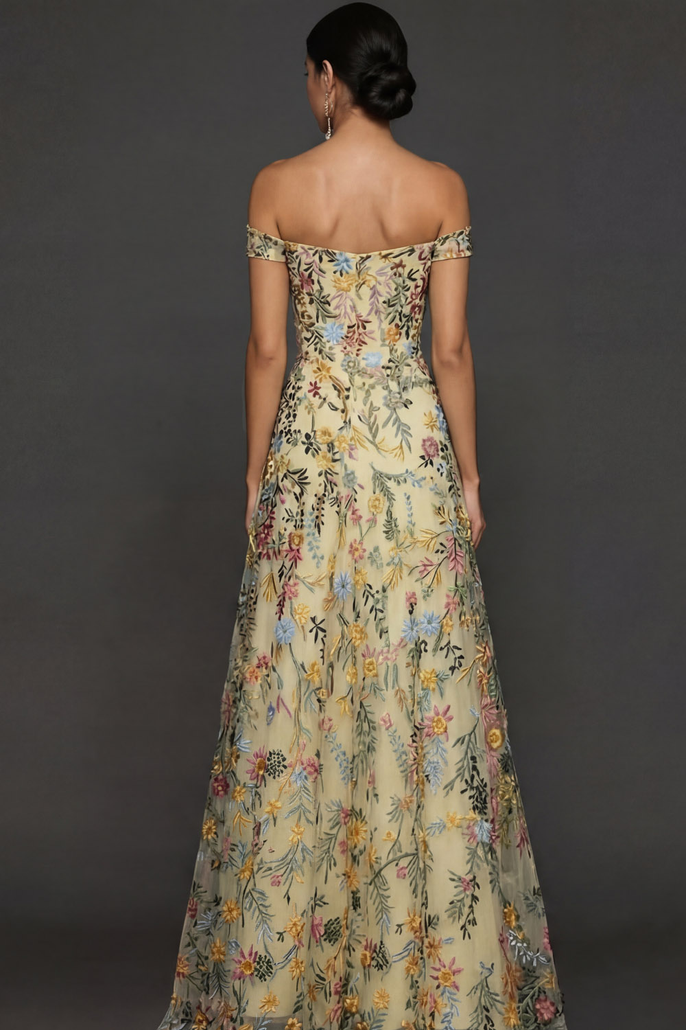 Mauve Floral A Line Embroidered Off the Shoulder Long Wedding Guest Dress