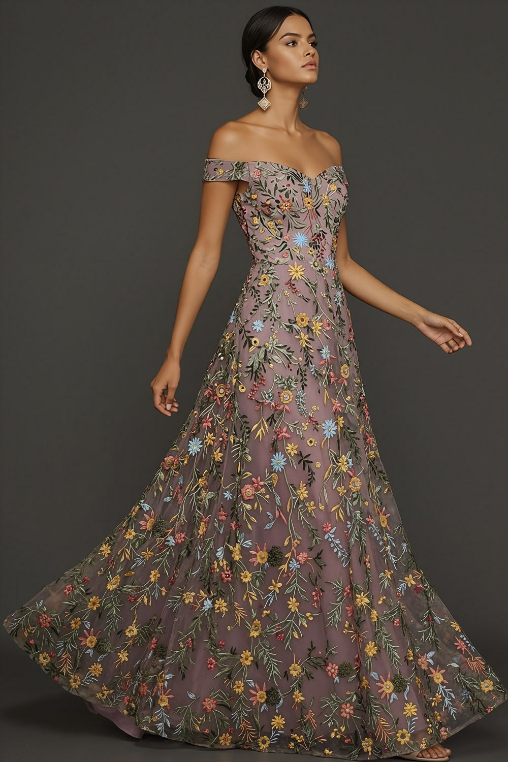 Mauve Floral A Line Embroidered Off the Shoulder Long Wedding Guest Dress