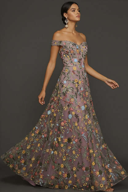 Mauve Floral A Line Embroidered Off the Shoulder Long Wedding Guest Dress