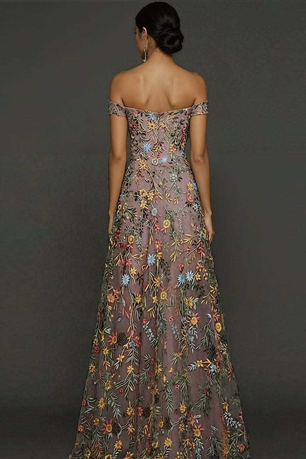 Mauve Floral A Line Embroidered Off the Shoulder Long Wedding Guest Dress