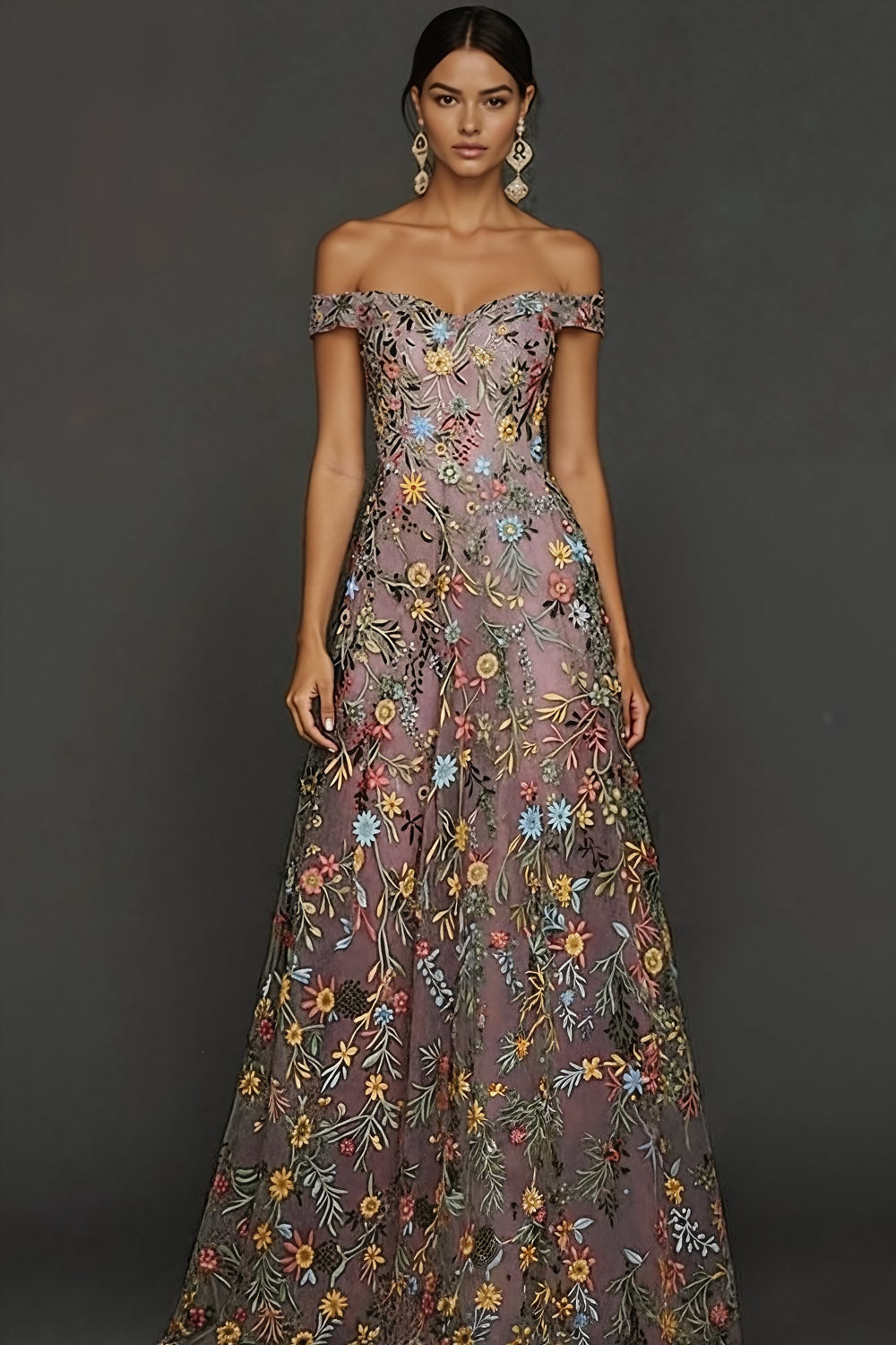 Mauve Floral A Line Embroidered Off the Shoulder Long Wedding Guest Dress