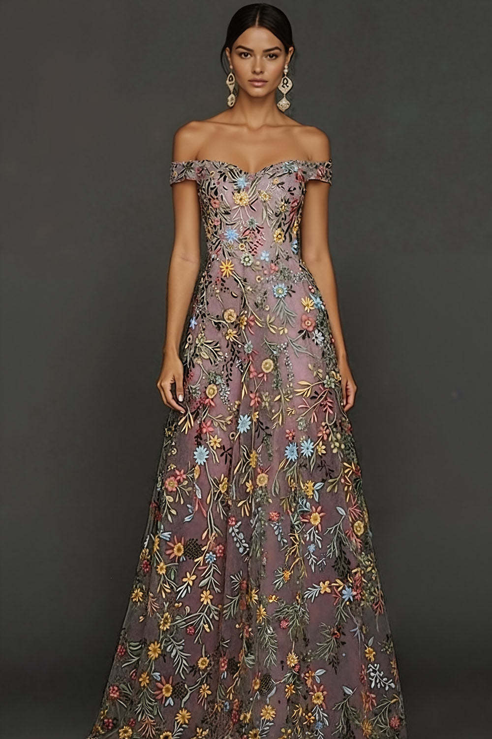 Leely Women Mauve Floral Long Wedding Guest Dress Embroidered Sweetheart Off the Shoulder A Line Formal Dress